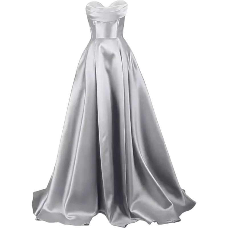 Sweetheart Strapless Pleat Satin Prom Women Long A Line Corset Formal Evening Party Dress w/ Pockets