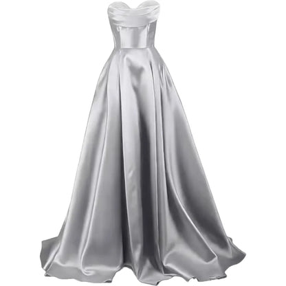 Sweetheart Strapless Pleat Satin Prom Women Long A Line Corset Formal Evening Party Dress w/ Pockets