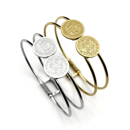 Women Men Stainless Steel Gold Silver Color Saint Benedict Medal Double Line Bangle Bracelet