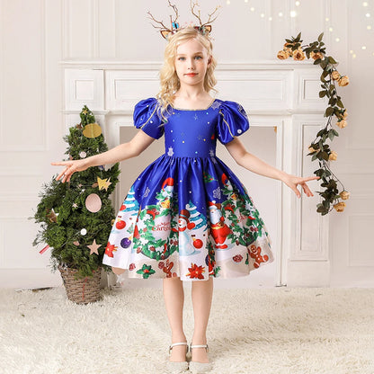 Girls Kids New Year Party Santa Claus Snowman Print Cosplay Costume Xmas Princess Theme Party Dress