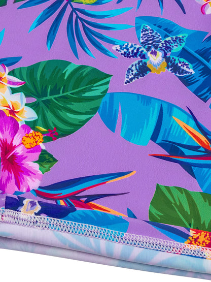 Long-Sleeved Purple Kids Girls One-Piece Tropical Plants Print Boyleg Rash Guard Beach Swimming Suit
