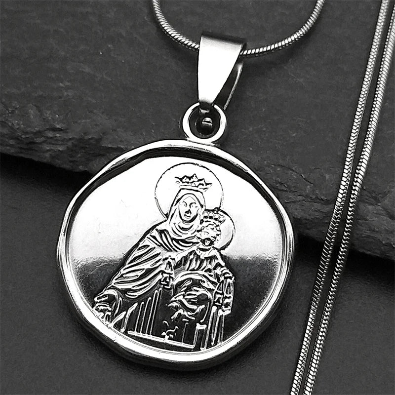 Men Stainless Steel Hip Hop Virgin Mary Medal Our Lady of Guadalupe Pendant Necklace