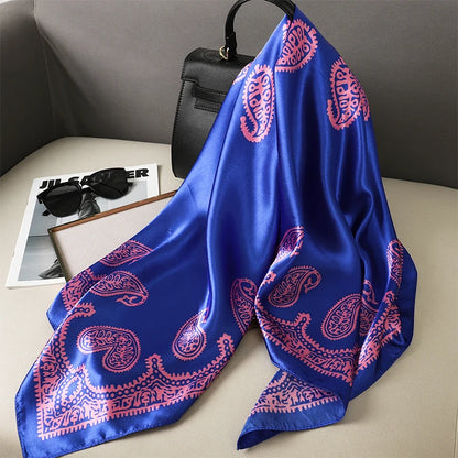90cm Women Vintage Paisley Square Silk Shawls Printed Wraps Bandana Scarves