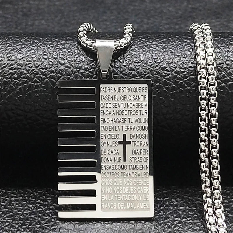 Men Women Stainless Steel Portuguese Religious Christian Cross Bible Verse Prayer Necklace