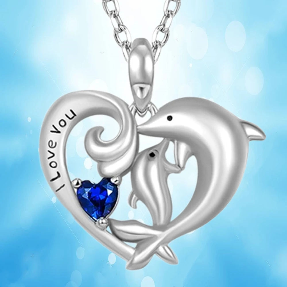 Women Creative Heart Shape Double Dolphin Blue Crystal Pendant Necklace