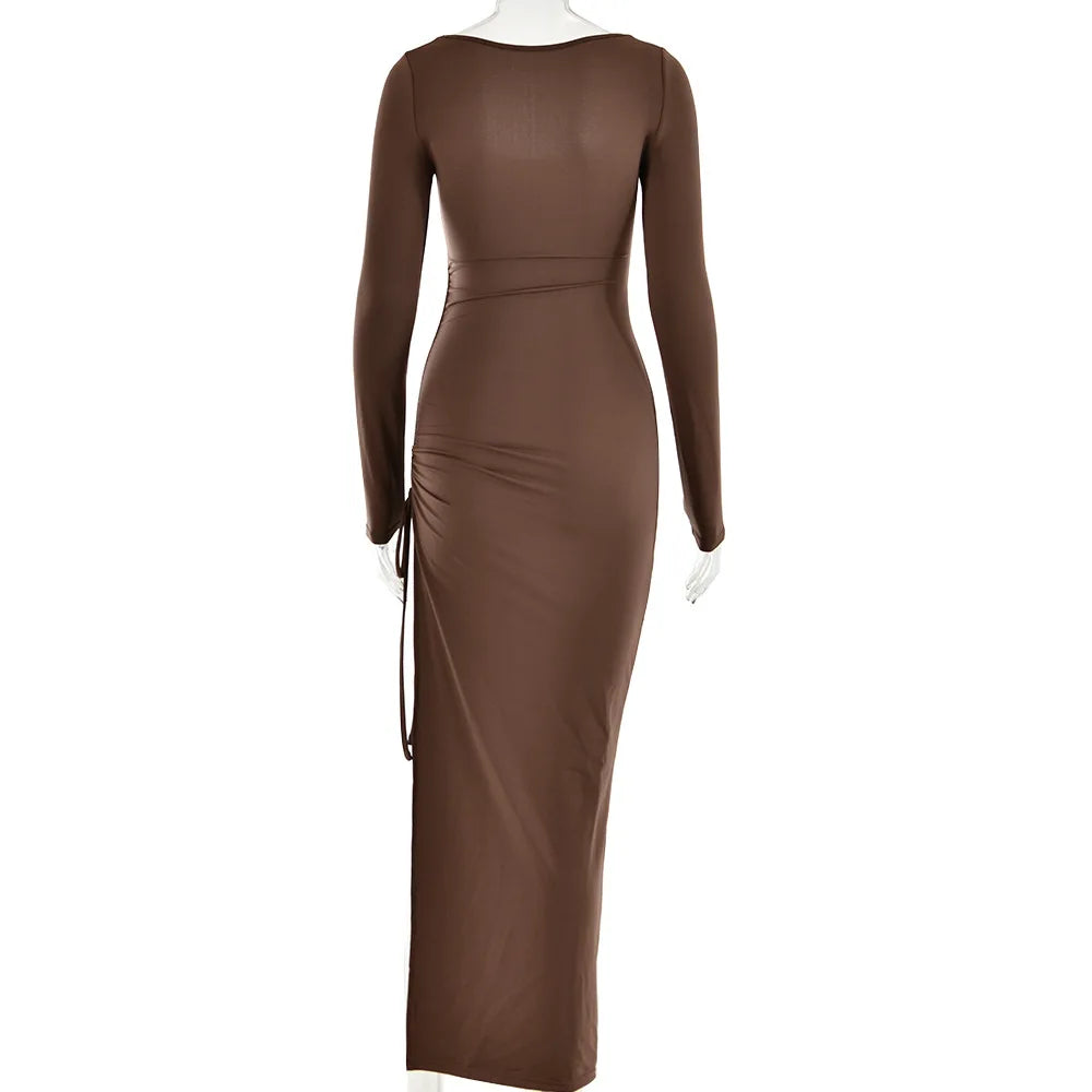 Women Long Sleeve Ruched High Split Maxi Square Collar Drawstring Bodycon Sexy Partyd Dress