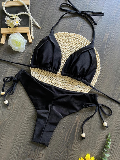 Solid Color Bikini Swimsuit Hanging Neck Rope Split Swimsuit 2-piece Beachwear Suit