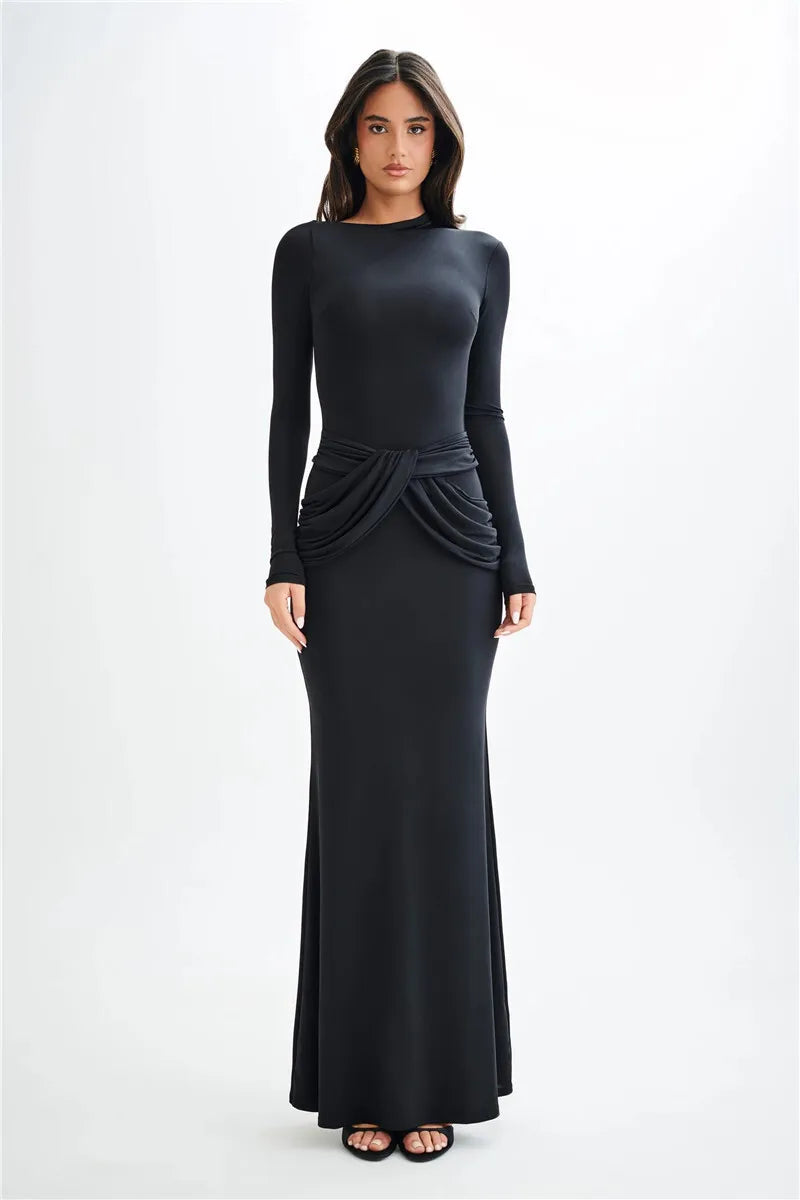 Women Diagonal Collar Long Sleeve Maxi Solid High Waist Ruched Bodycon Long Dress