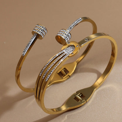 Women 18k Gold Plated Crystal Hollow Open Stainless Steel Bracelet