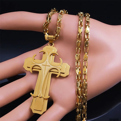 Men Big Cross Jesus Stainless Steel Gold Color Christ God Chain Necklace