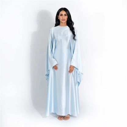 Women Satin Cloak Long Sleeve Loose Kaftan Fashion O Neck Long Dress