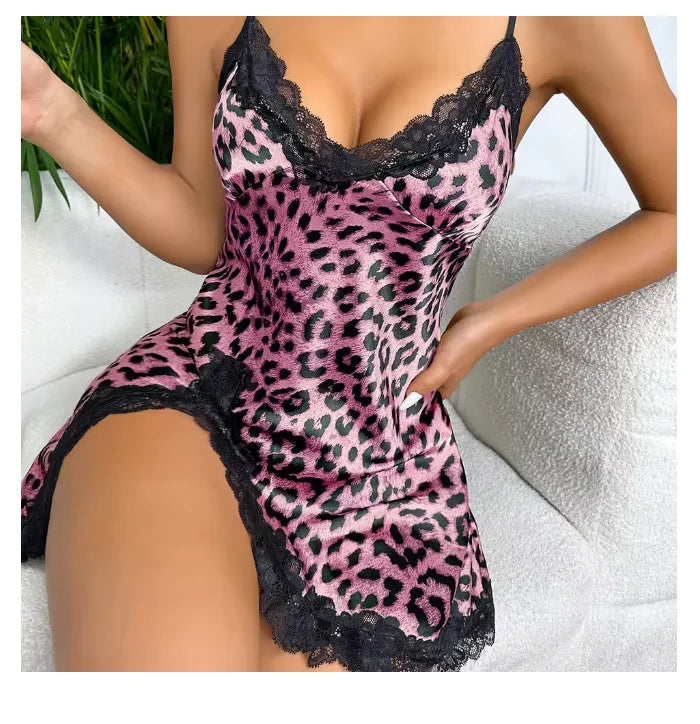 Leopard Satin Women Sleeveless Side Split Lace Sleepwear Nightgown Pajama Dress
