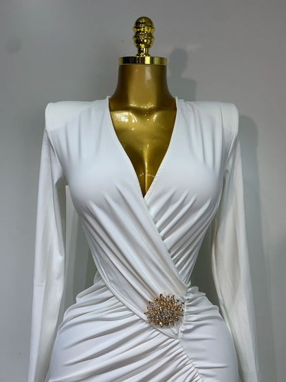 Sexy Long Sleeve V Neck Hollow Out Bodycon Cross Pleated High Split Maxi Club Party Evening Dress
