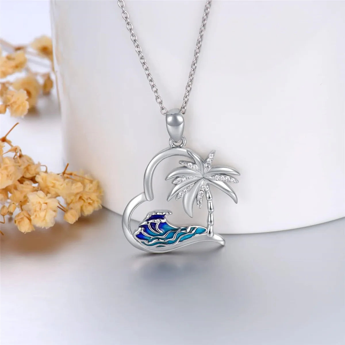 Women Creative Heart Shaped Wave Coconut Tree Pendant Necklace