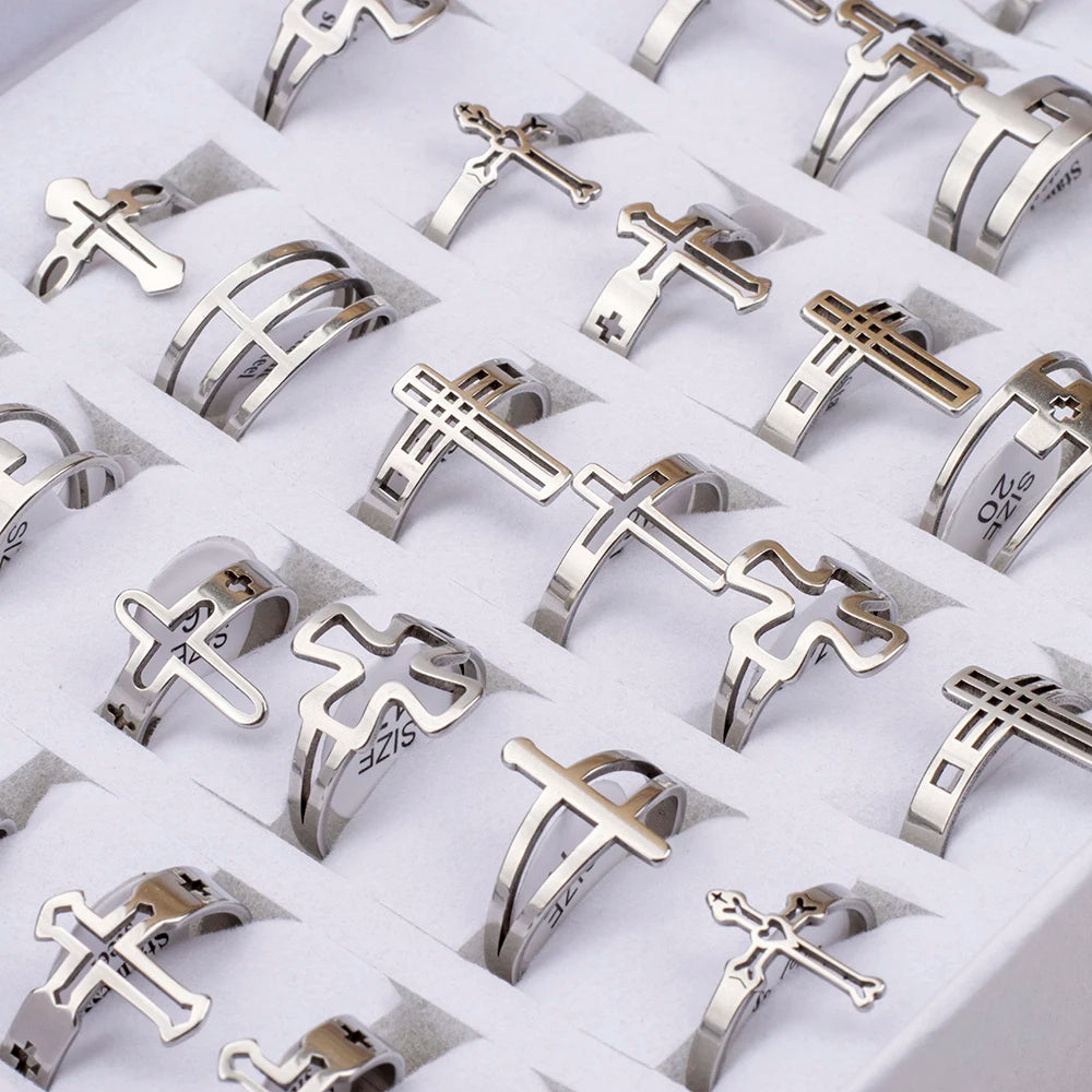 36Pcs/Lot Wholesale Stainless Steel Hollow Cross Charms Fashion Rings