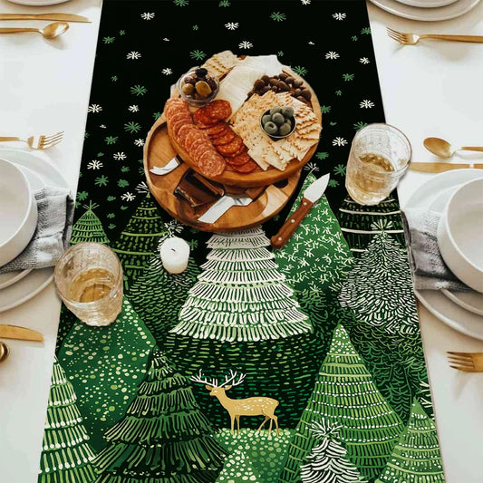 Snow Season Tree Fawn Snowflake Forest Christmas Table Runner Tabletop Decor