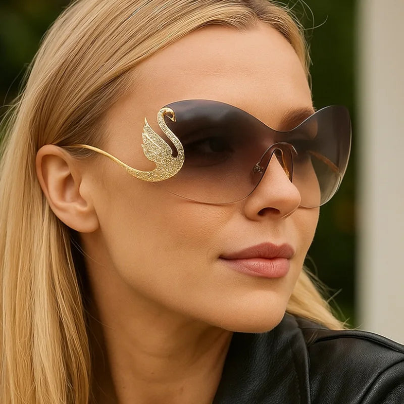Y2k Women Fashion Swan Inlay Gradient Lens Shades Oversized Rimless Sunglasses Glasses