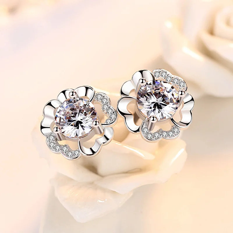 Genuine 925 Sterling Silver Bridal Wedding Flower Crystal Zircon Stud Earrings