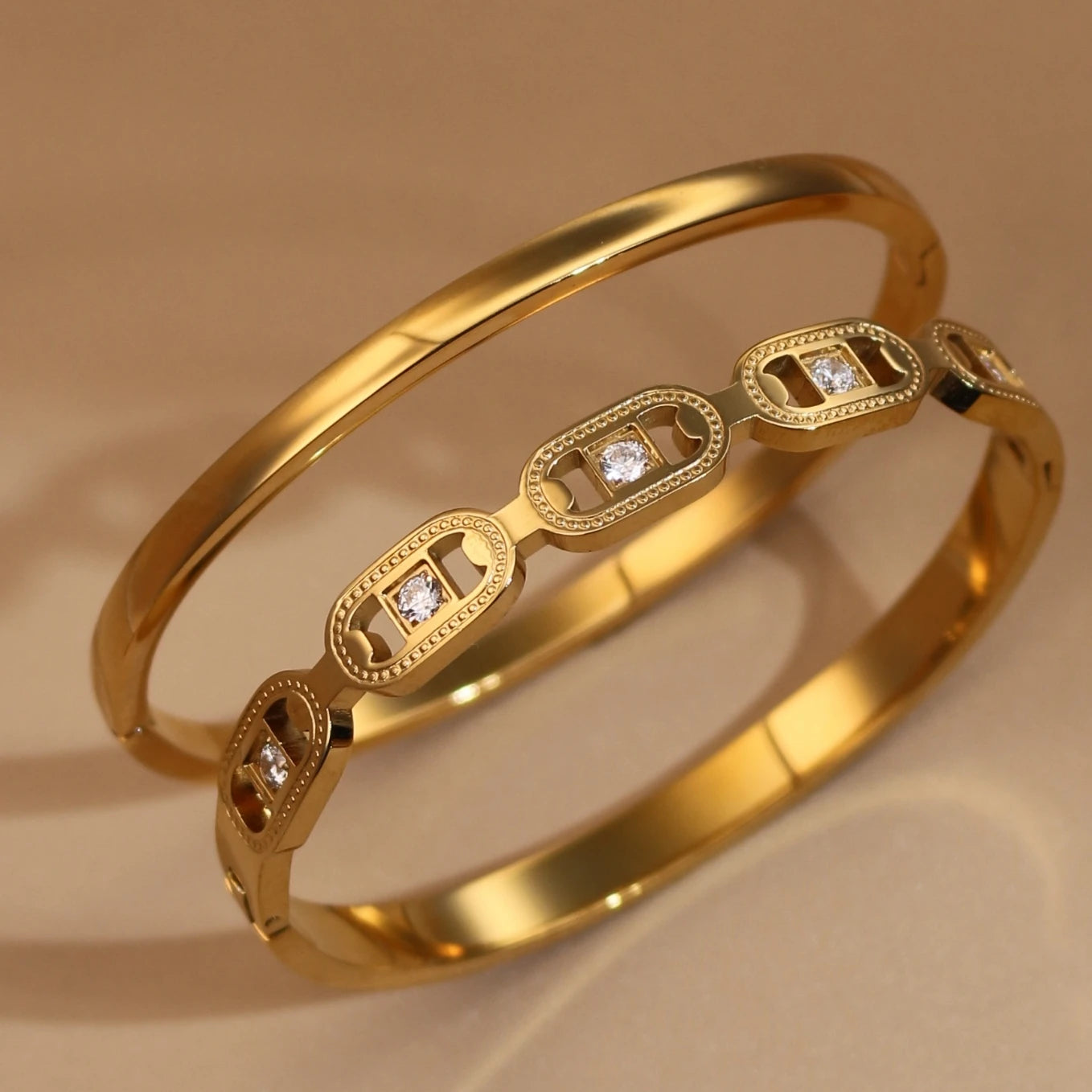 2-in-1 Geometric Zircon Design 18K Gold Plated Stainless Steel Bracelet Bangle