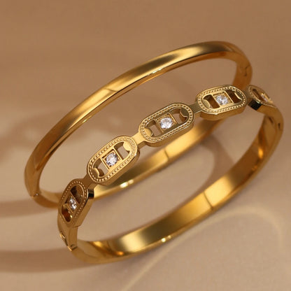 2-in-1 Geometric Zircon Design 18K Gold Plated Stainless Steel Bracelet Bangle