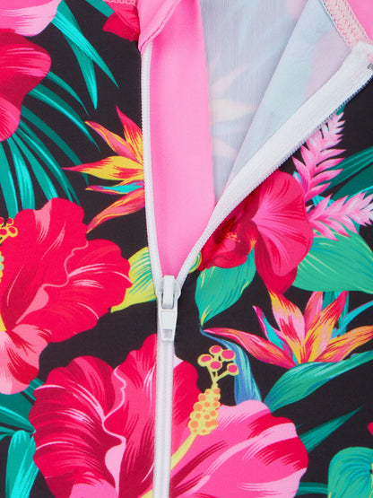 Girls Kids One Piece Long Sleeve Floral Print Bikini Cut Bottom Swimwear Beach Swim