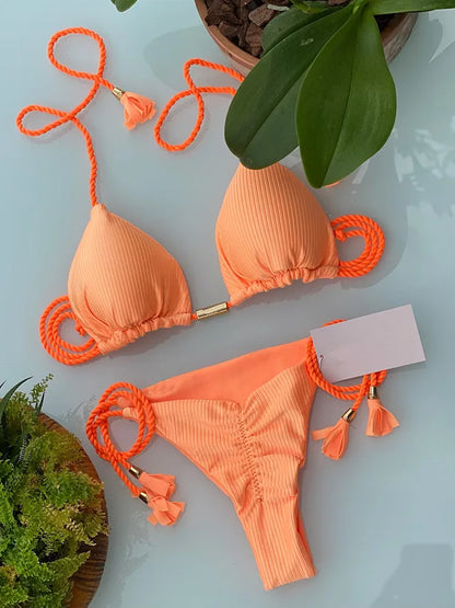 Woman Sexy Bathing Solid Triangle Adjustable Bandage Bikini Swimwear Swimsuit Beachwear