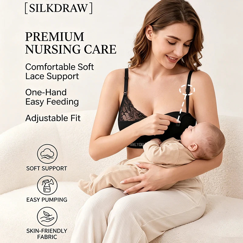 Women Soft Lace Nursing Maternity Ribbed Front Clip Adjustable Straps Bra Printed "Love You" Night Feeding