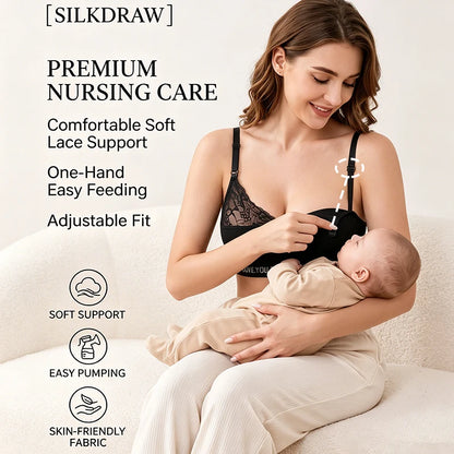 Women Soft Lace Nursing Maternity Ribbed Front Clip Adjustable Straps Bra Printed "Love You" Night Feeding