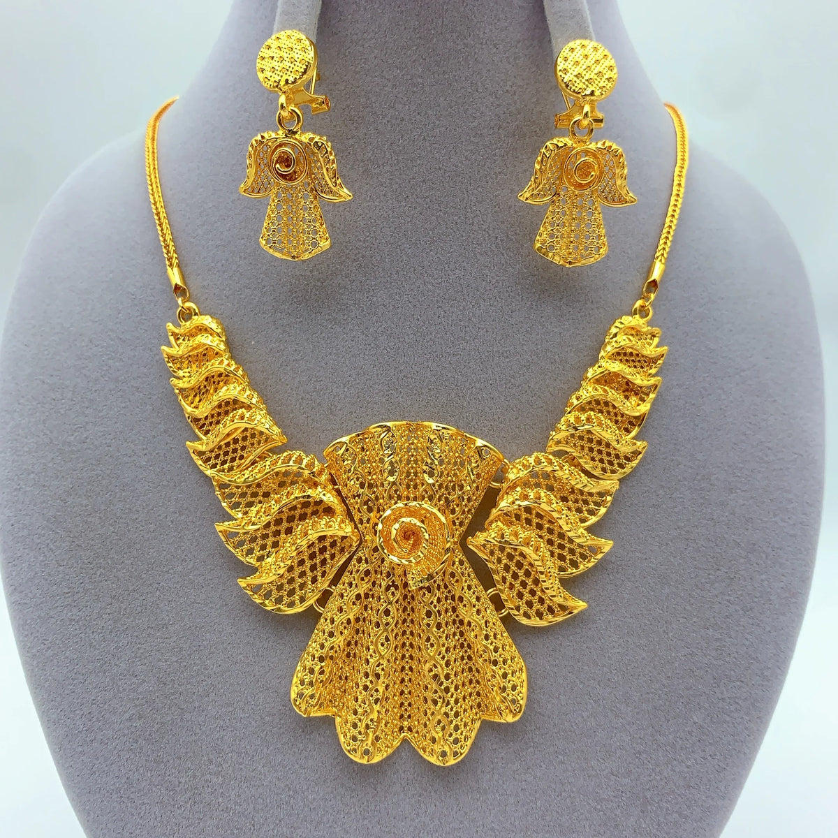 Indian 24K Gold Plated Women African Dubai Bridal Wedding Necklace Earrings Jewelry Set