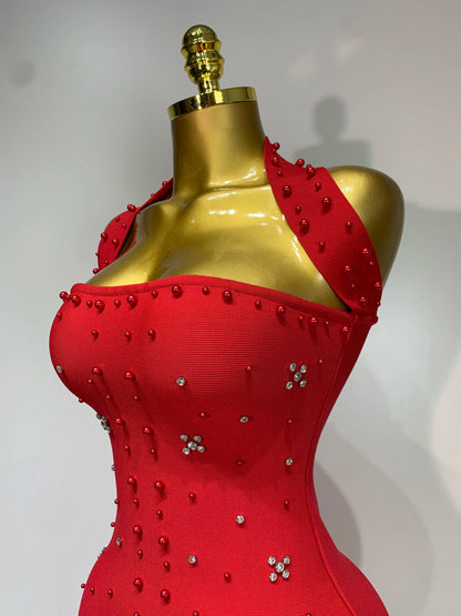 Sexy Sparkly Rhinestone Pearl Halter Backless Bandage Long Birthday Evening Party Dress