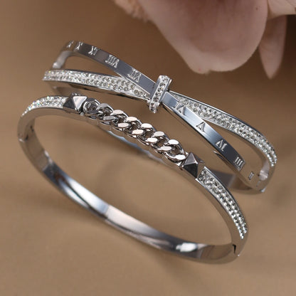 Love Charm 18k Gold Stainless Steel Crystal Cross Roman Numerals Bangle Bracelet