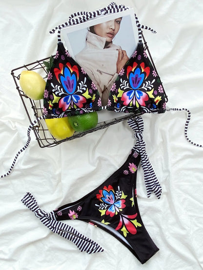 2pcs sexy gothic print triangle high waist thong Swimwear Set