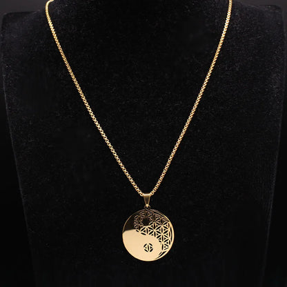 Women Men Flower of Life Stainless Steel Gold Color Mandala Long Necklace