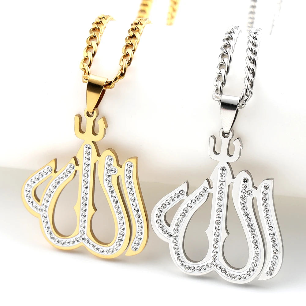 Men Women Stainless Steel Gold Color Muslim Chain Amulet Islamic Arabic Allah Full Rhinestones Pendant Necklace