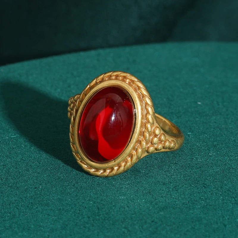 Women Red Oval Round Natural Stone Vintage Open Engagement Rings