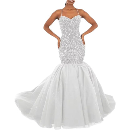 Sparkly Sequin Prom Women Long Tulle Halter Ball Gown Sleeveless Mermaid Formal Evening Party Dress