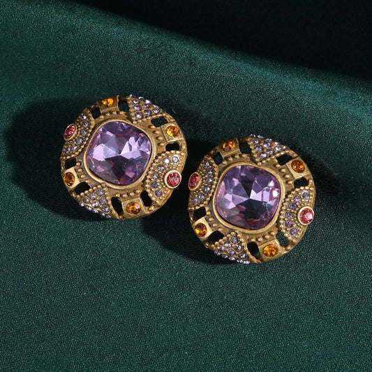 Vintage Crystal Purple Women Stud Luxury Designer Rhinestones Gold Color Indian Antique Earrings
