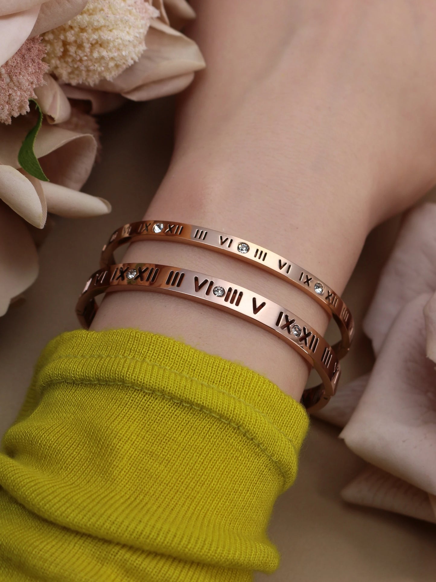 Stainless Steel 18K gold plated Roman Numeral Bracelet Bangles Ring 2-in-1 Jewelry