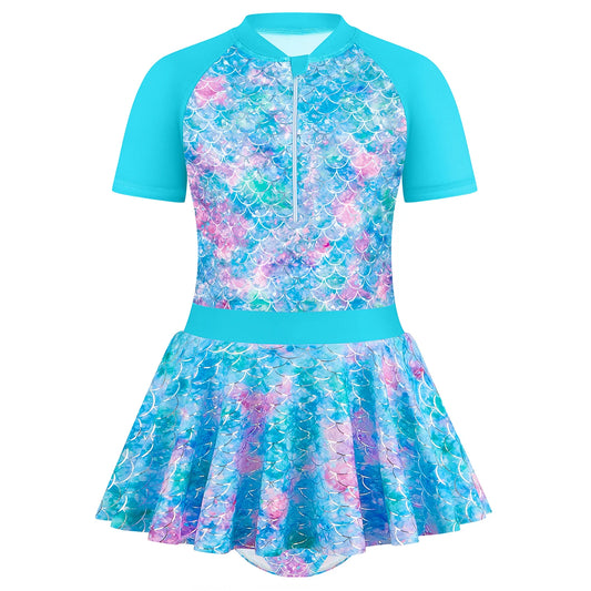 Kids Girls Short Sleeve Shinny Beach Sky Blue Skirted Bikini Briefs Swimming Suit