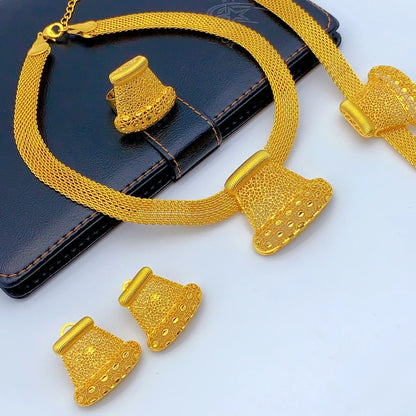 African Indian 24K Gold Plated Women Dubai Wedding Necklace Earrings Bracelets Ring Jewelry Sets