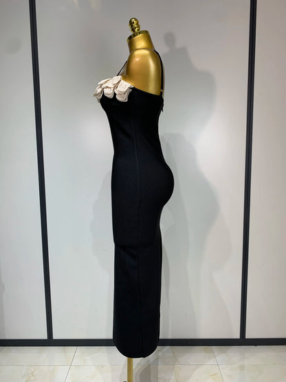 Sexy Spaghetti Strap Lace Midi Bandage Elegant Celebrity Evening Party Birthday Black Sleeveless Dress