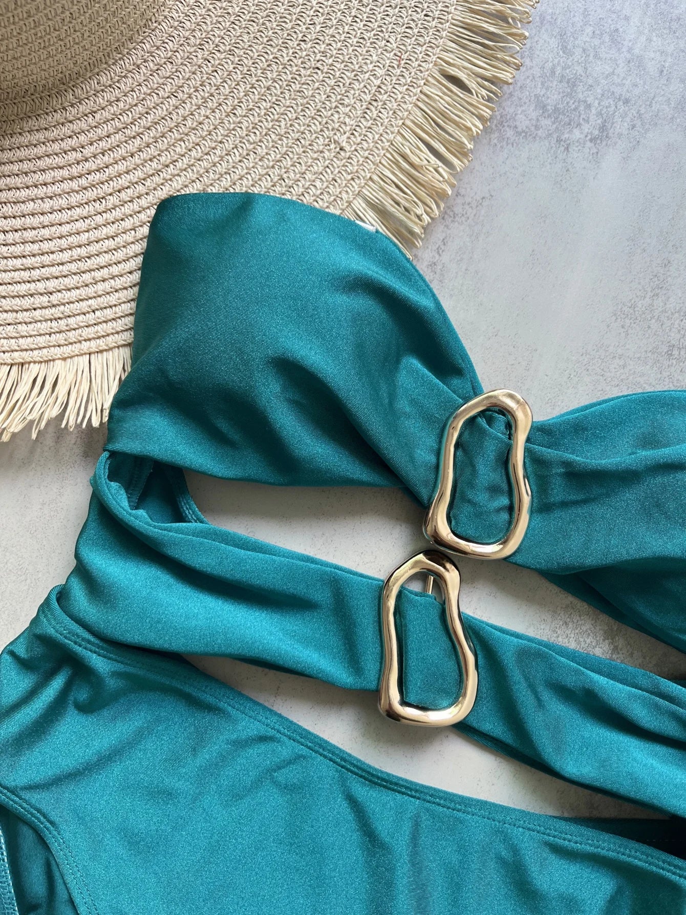 Sexy Metal Rings Cut Out Swimwear One Piece Swimsuit Bandeau High Leg Cut Bather Bathing Suit