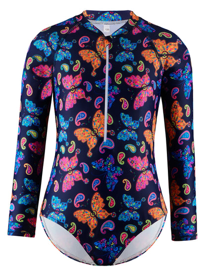 Kids Girls Long Sleeve Colorful Butterfly Print One Piece Zipper Beach Bikini-Cut Bottom Bathing Suit