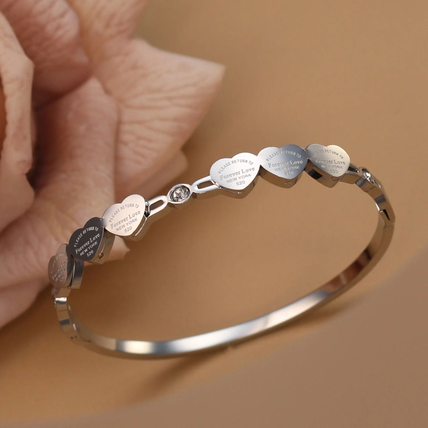 Delicate Stainless Steel Gold Color Peach Heart Crystal Design Charm Bangle Bracelet