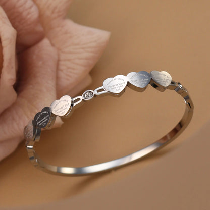 Delicate Stainless Steel Gold Color Peach Heart Crystal Design Charm Bangle Bracelet