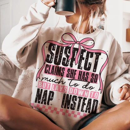 Suspect Claims She Put Her Crazy Away Iron-On Heat Transfer Sticker Decal T-shirts Sweatshirts Bag Clothes Fabric Decor