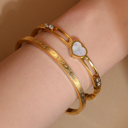 Luxury Heart-Shaped Shell Zircon Design 18K Gold-Plated Stainless Steel Bracelet Bangles