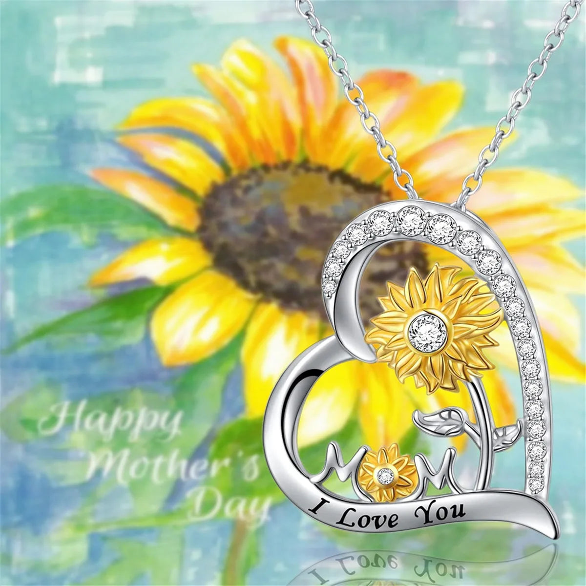 Women Elegant Exquisite Heart Shaped Sunflower "Mom" Pendant Necklace Mother's Day Gift