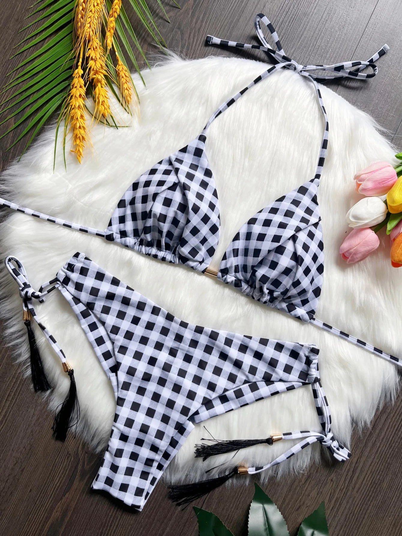 Sexy Lattice Print Bandage Bikini Swimsuit Two-piece Triangle Swimwear Bathing Brazilian Suit