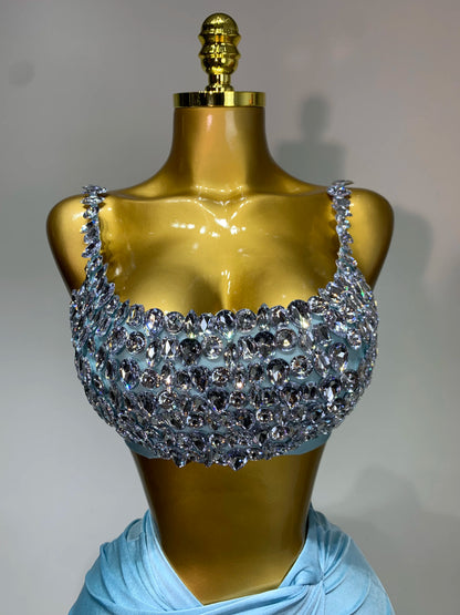 Women Sparkly Rhinestone Crop Tops Long Skirt Two Pieces Birthday Party Dinner Dress
